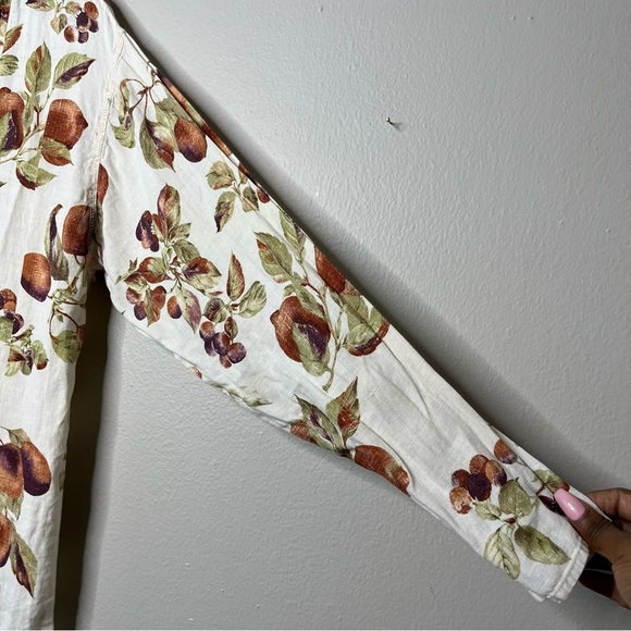 SFCC Women 100% Linen Top Medium White Peaches Novelty Button Down Coastal Tunic - Picture 2 of 8